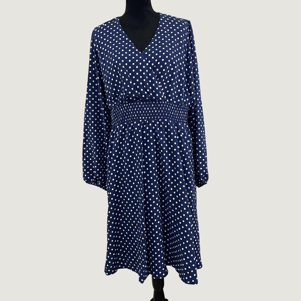 NWT Draper James RSVP Navy Polka‎ Dot Long Sleeve Dress, Cinched Waist, Size XL
